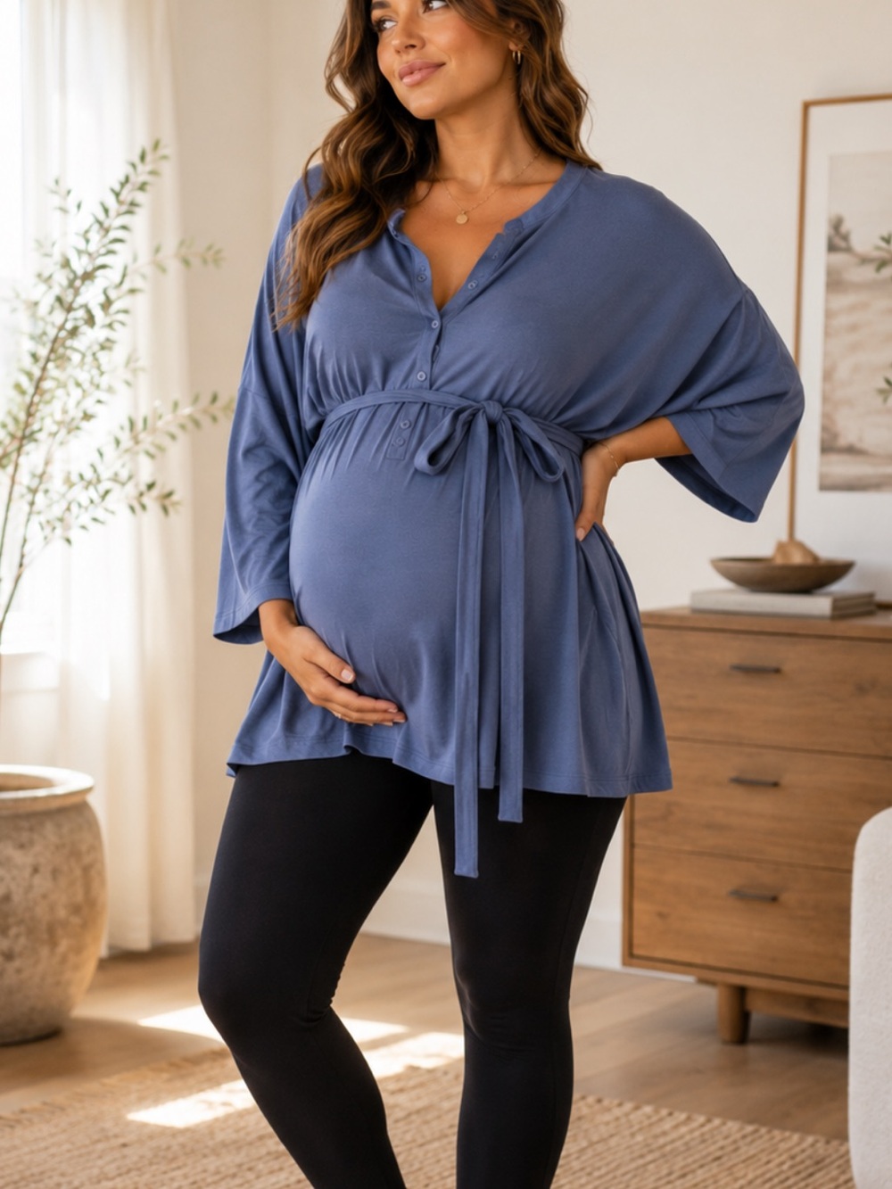 Happiest‎ Baby Blu/Gray Elegant Tie Waist Maternity Stretch Kimono Robe (L)